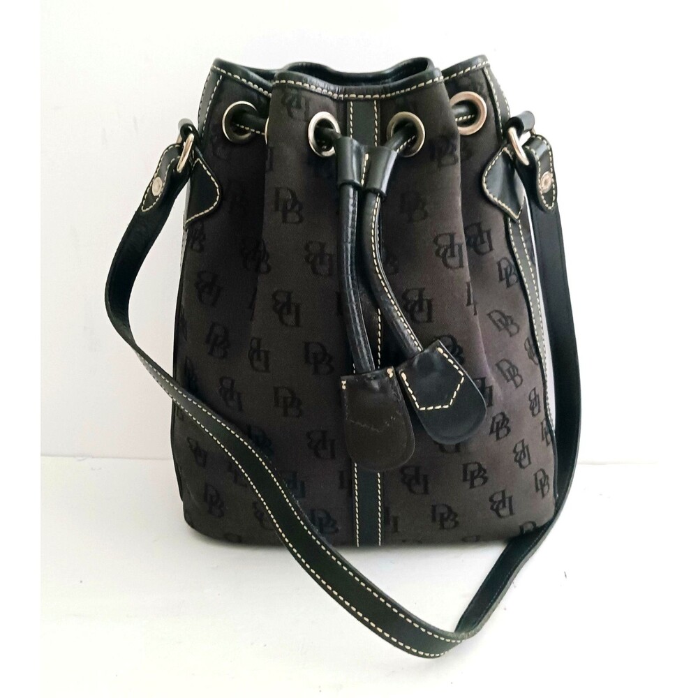 VTG Dooney & Bourke Small Drawstring Bucket Bag Blk Logo Jacquard /Leather